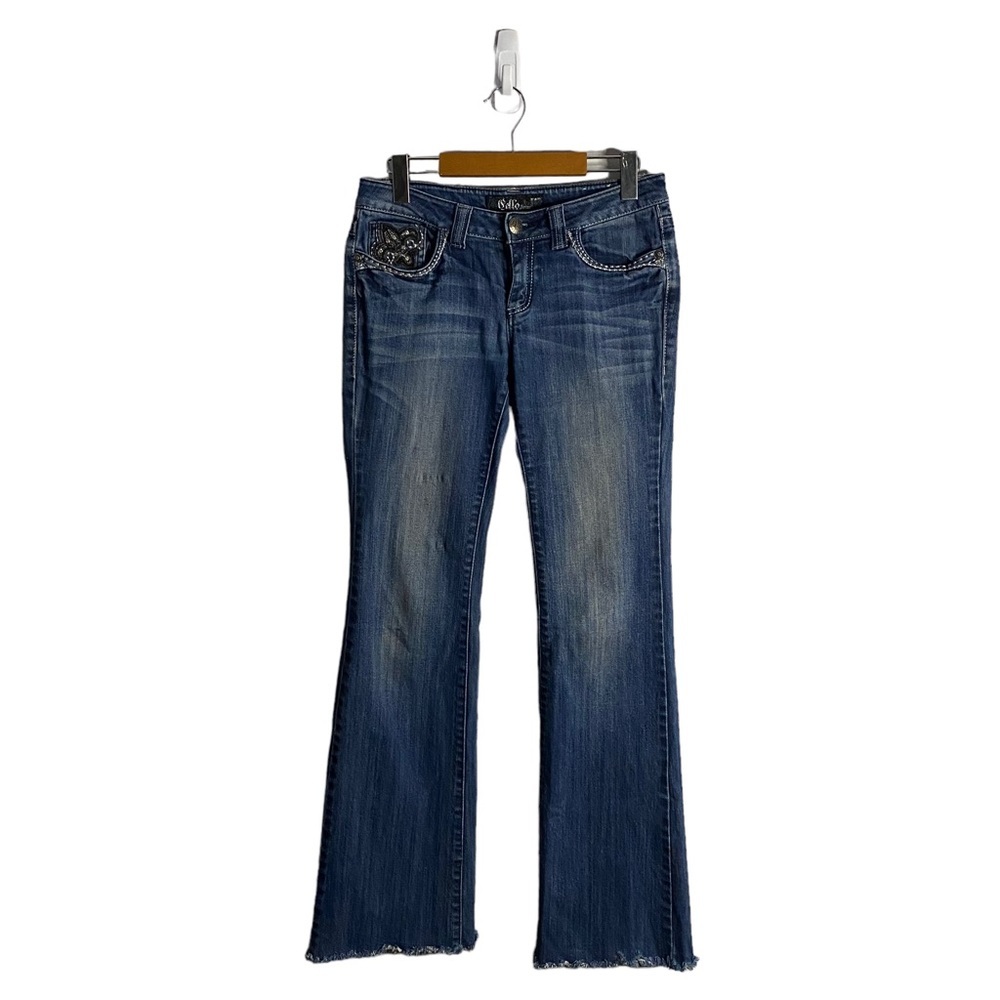 Cello Women's Low Rise Medium Indigo Frayed Hem Denim Jeans